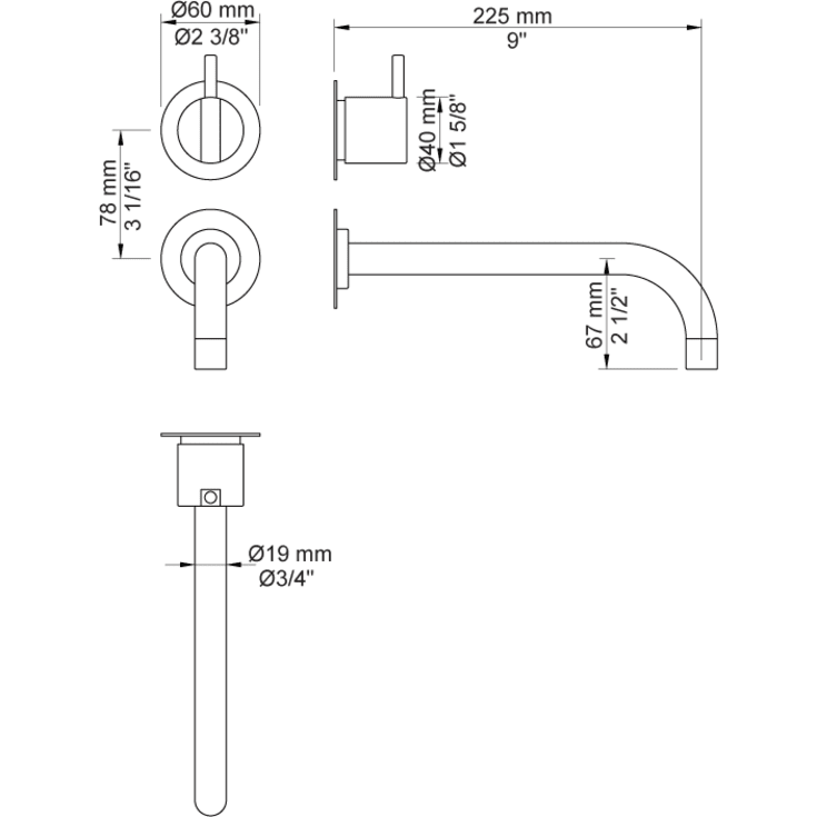 Vola 321 servantbatteri for innbygging, 225 mm tut, rustfritt stål
