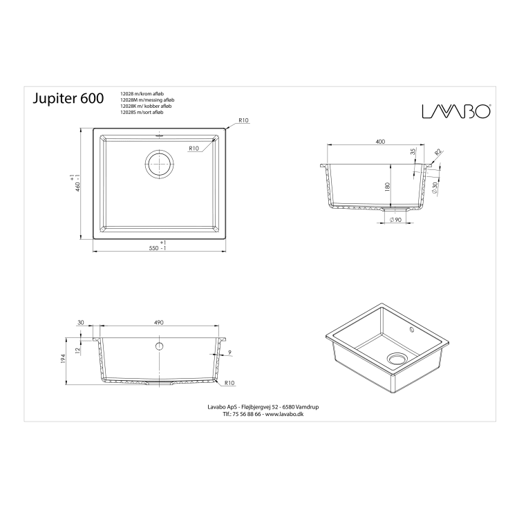 Lavabo Jupiter 600 køkkenvask, 55,6x46,6 cm, sort