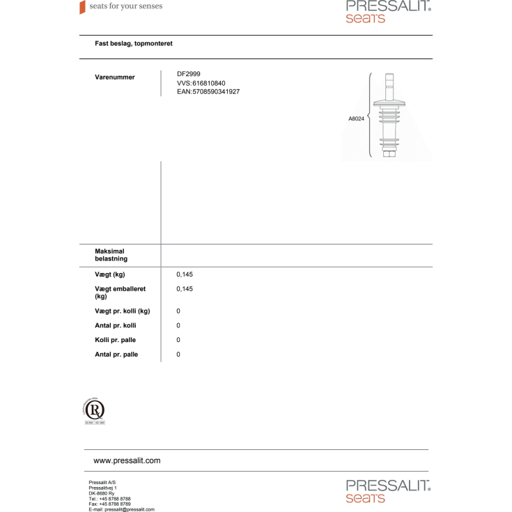 Pressalit fast beslag, top/bundmonteret, rustfrit stål