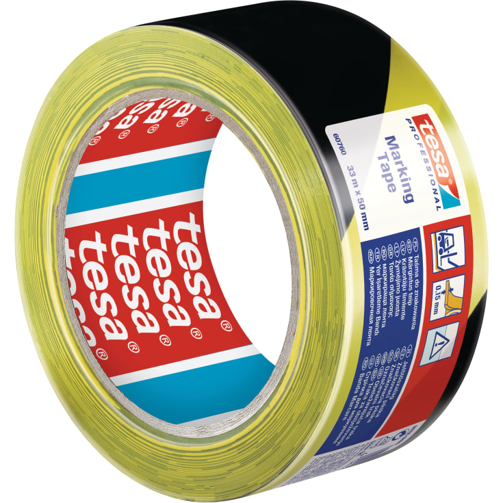 Tesa advarselstape, gul/sort, 33 meter