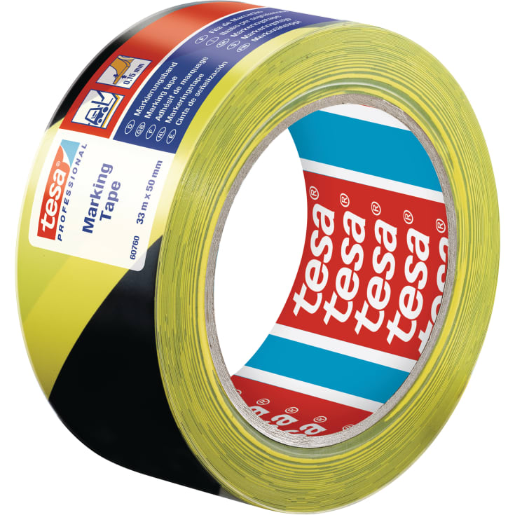 Tesa advarselstape, gul/sort, 33 meter