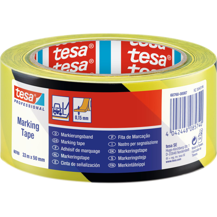Tesa varningsband, gul/svart, 33 meter