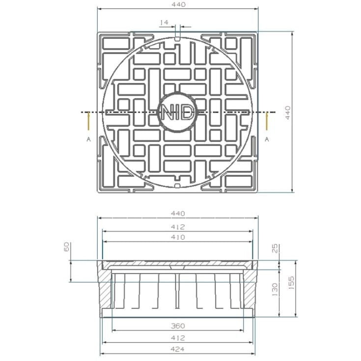 NID fast karm med dæksel, til Ø315 mm opføringsrør, vendbar, 3 ton, komposit