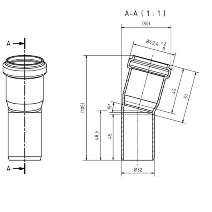 Ostendorf afløbsbøjning, 15°, Ø32 mm, plast, hvid