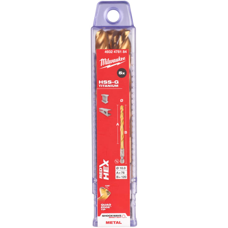 Milwaukee HSS-G TIN Shockwave metalbor 1/4" HEX, 10,0 mm, 5 stk.