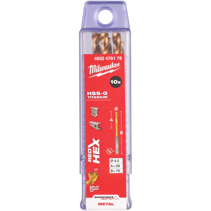 Milwaukee HSS-G TIN Shockwave metalbor 1/4" HEX, 4,5 mm, 10 stk.