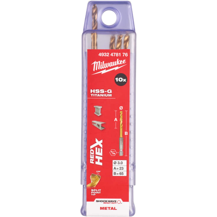 Milwaukee HSS-G TIN Shockwave metalbor 1/4" HEX, 3,0 mm, 10 stk.