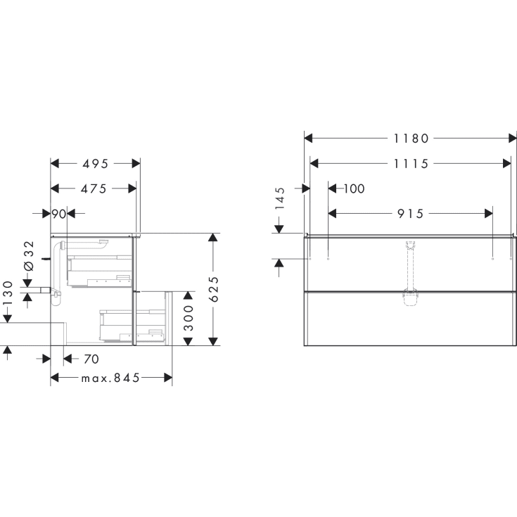 Hansgrohe Xelu Q underskab 118x47,5 cm, mat grå