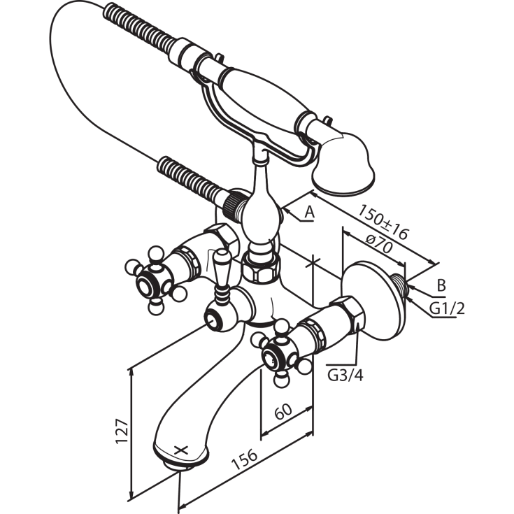 Damixa Tradition badekararmatur med dusjsett, krom