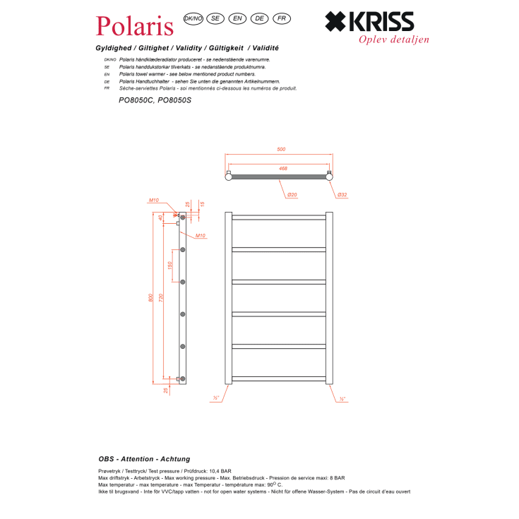Kriss Polaris håndklædetørrer, kombi, 50x80 cm, krom