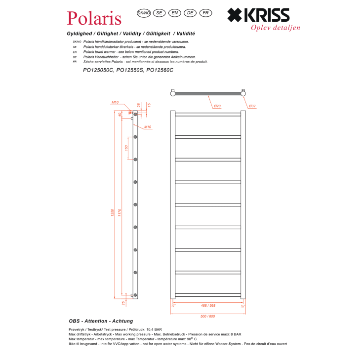 Kriss Polaris håndklædetørrer, kombi, 50x125 cm, krom