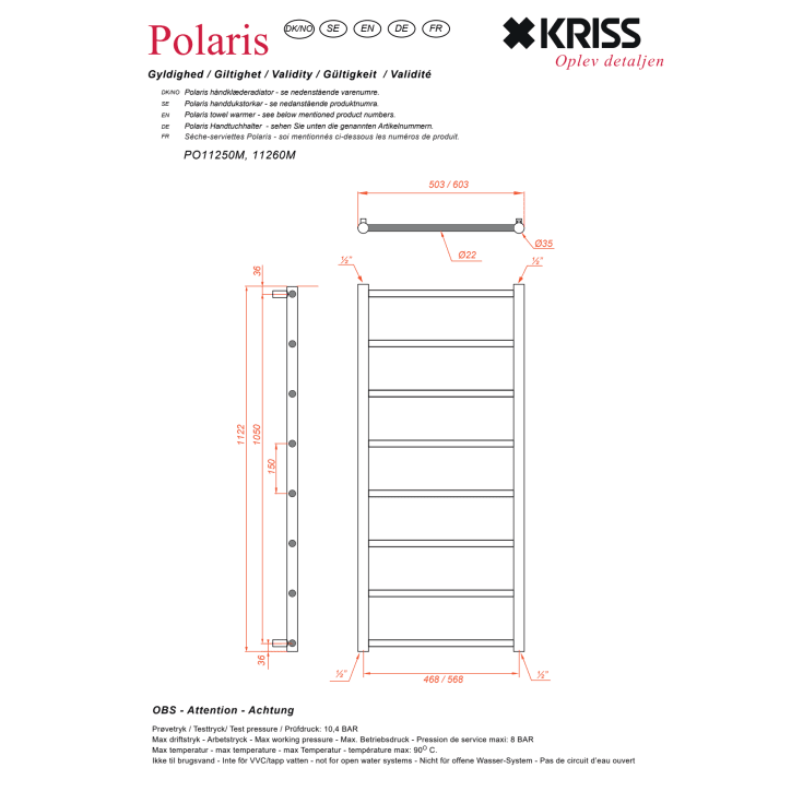 Kriss Polaris håndklædetørrer, kombi, 60,3x112,2 cm, rustfrit stål