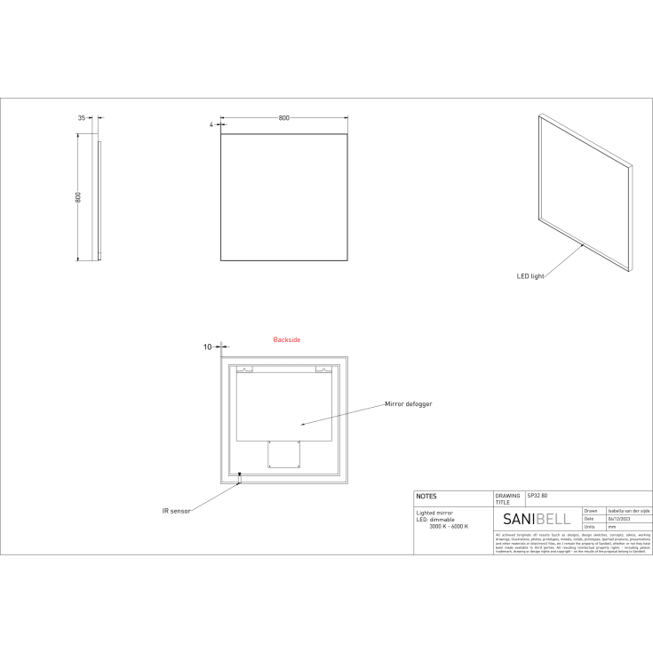 Sanibell INK SP32 LED spejl 80x80cm på børstet mat guld ramme