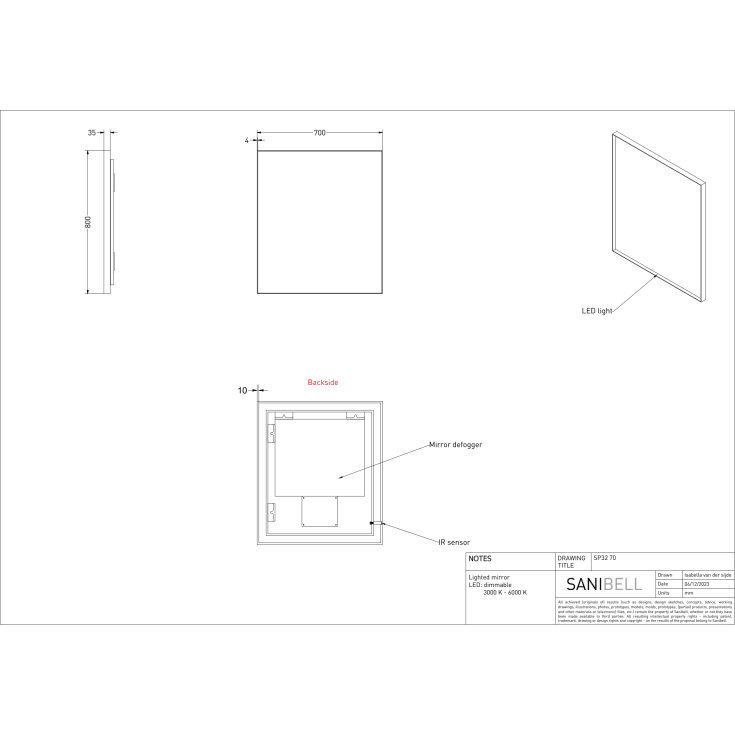Sanibell INK SP32 LED spejl 70x80cm på mathvid ramme