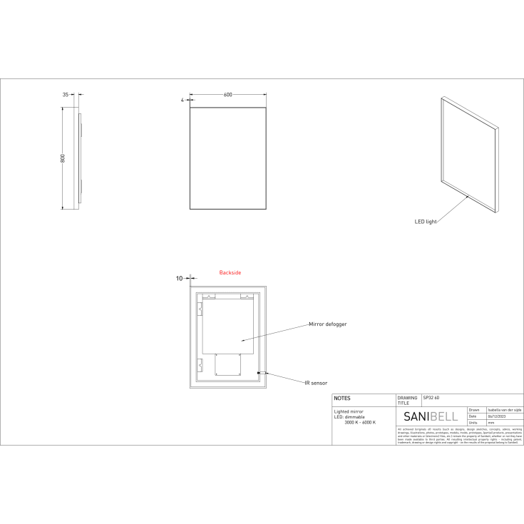 Sanibell INK SP32 LED spejl 60x80cm på børstet mat guld ramme