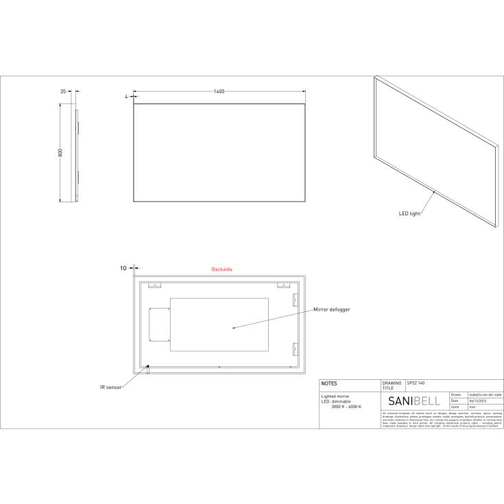 Sanibell INK SP32 LED spejl 140x80cm på børstet kobber ramme