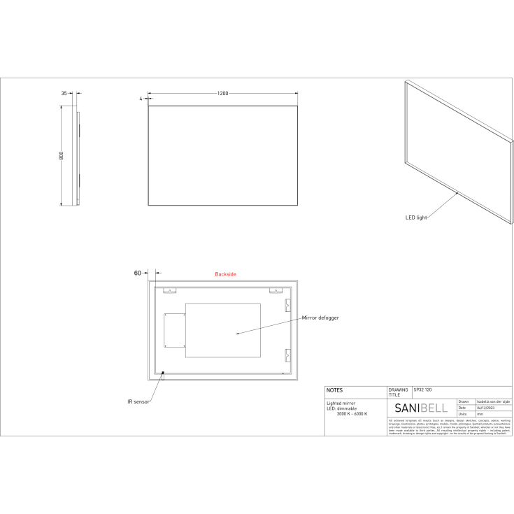 Sanibell INK SP32 LED spejl 120x80cm på børstet mat guld ramme