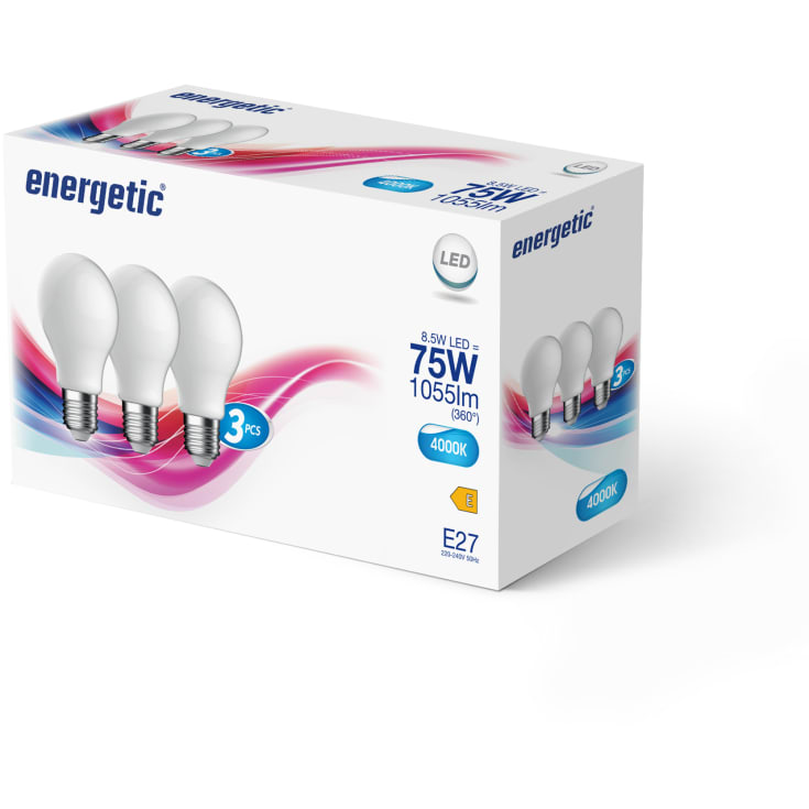 Nordlux E27 standardpære, 8,5 W, 4000K, 3-pak