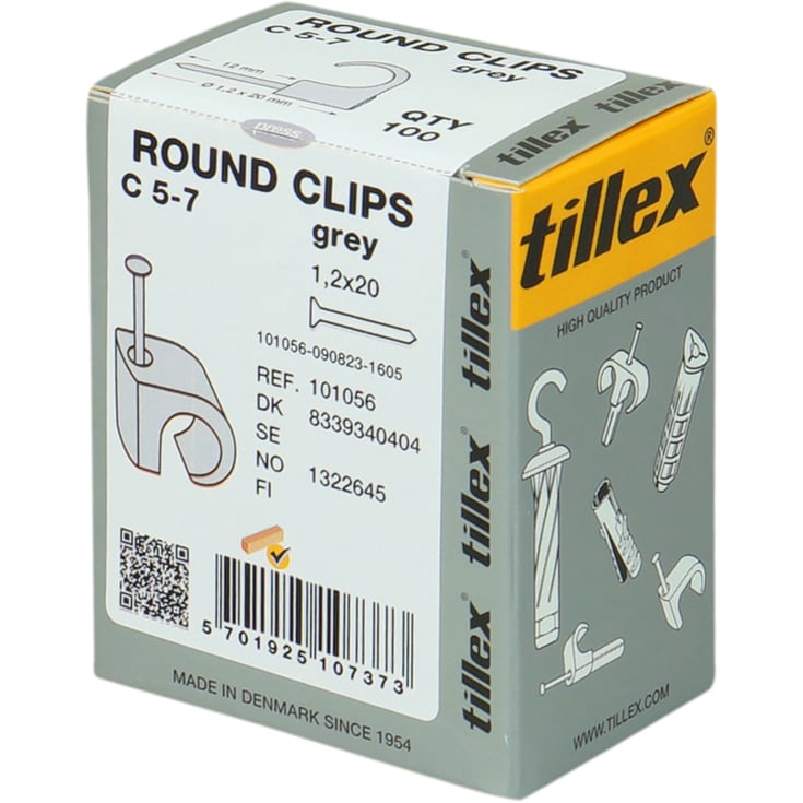 100 stk Tillex kabelclips rund 5-7/20 mm i grå