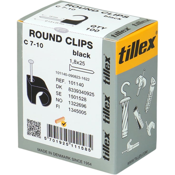 100 stk Tillex kabelclips rund 7-10/25 mm i sort