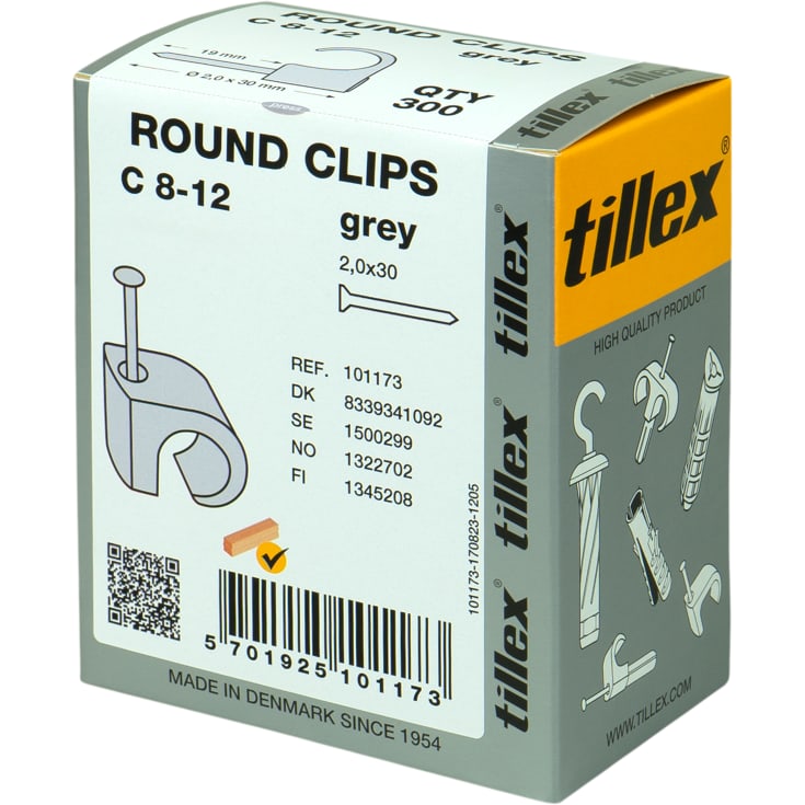 300 stk Tillex kabelclips rund 8-12/30 mm i grå