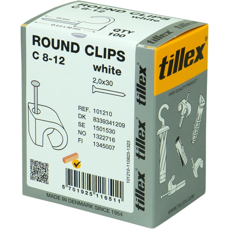 100 stk Tillex kabelclips rund 8-12/30 mm i hvid
