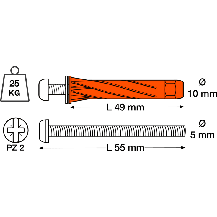 250 stk PLUGS STELLA 5X55MM RØD PAN PZ