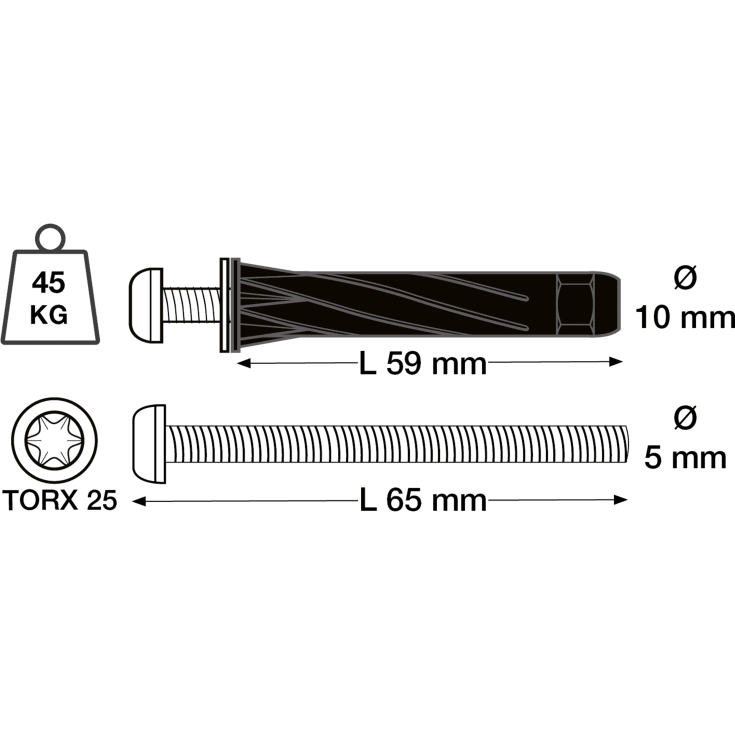 25 stk Plugs Stella 5x65 mm sort PAN Torx25