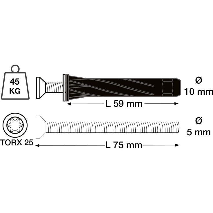 25 stk Plugger Stella 5x75 mm sort UHJ Torx25