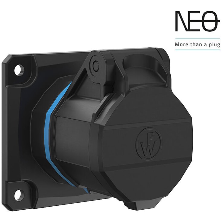 10 stk CEE Udtag NEO indbygn 16A 3P, 6H, blå, 230V, lige, 75x75, fjederkl.