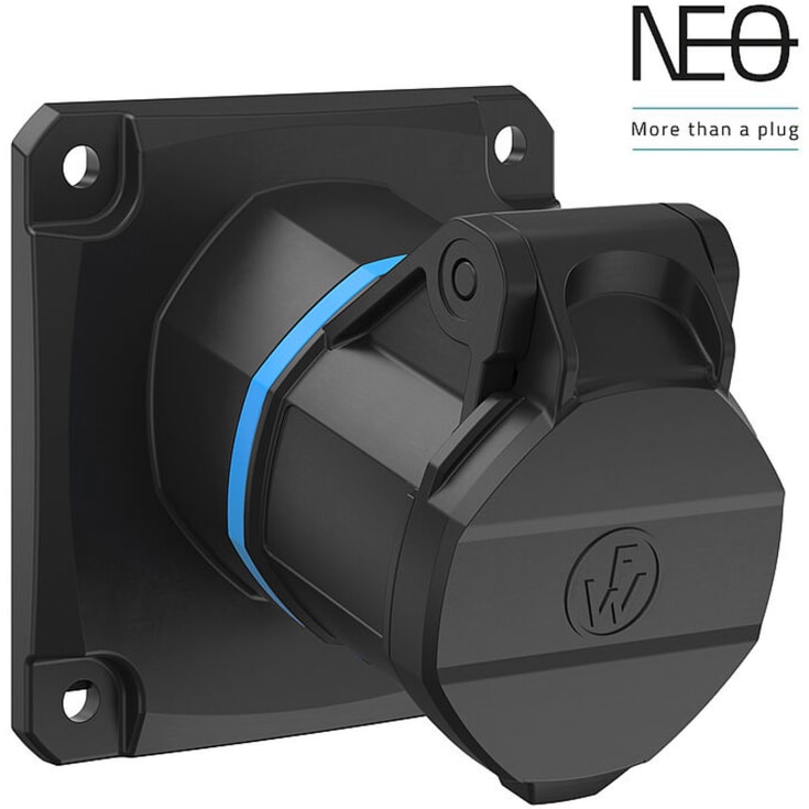 10 stk CEE Sokkel NEO innebygd 16A 3P, 6H, blå, 230V, vinklet, 86x86, fjær