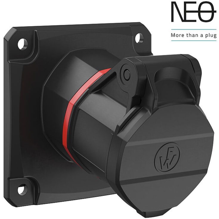 10 stk CEE Outlet NEO innebygd 16A 5P, 6H, rød, 400V, skråstilt, 86x86, fjær