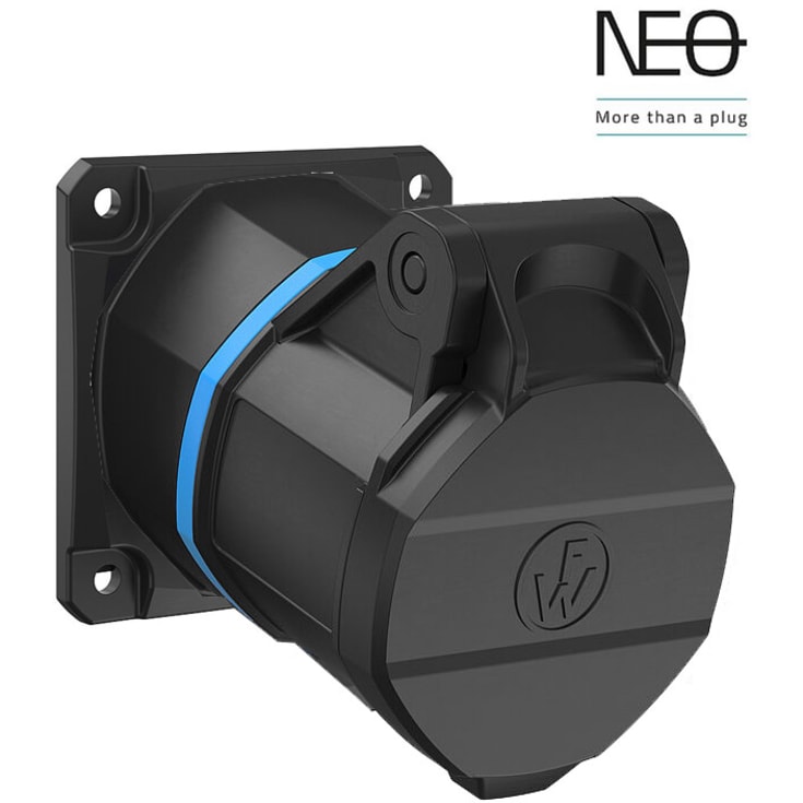 10 stk CEE Udtag NEO indbygn 16A 3P, 6H, blå, 230V, skrå, 60x60, skruekl.