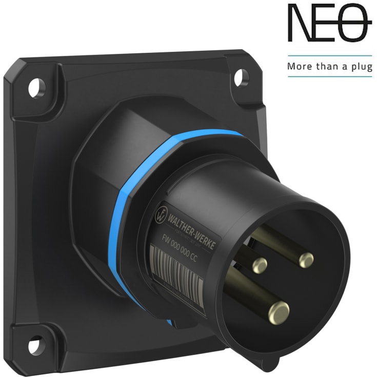 10 stk CEE Inntak NEO innebygd 16A 3P, 6H, blå, 230V, skråstilt, 86x86, fjær