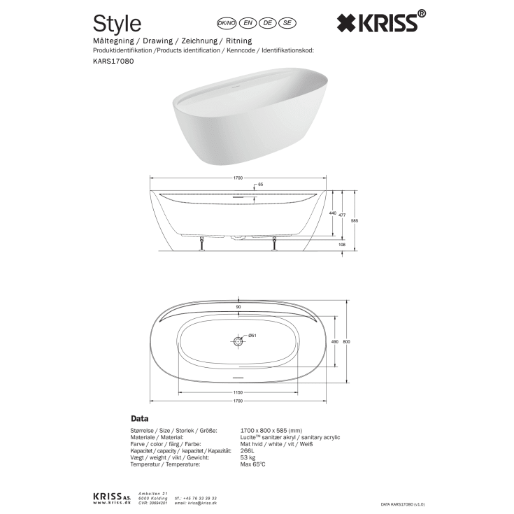 Kriss Style badekar, 170x80 cm, mat hvid