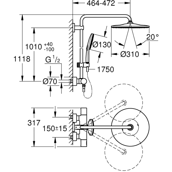 Grohe Rainshower System termostatbatteri 2hul m/hoved/håndbr mes