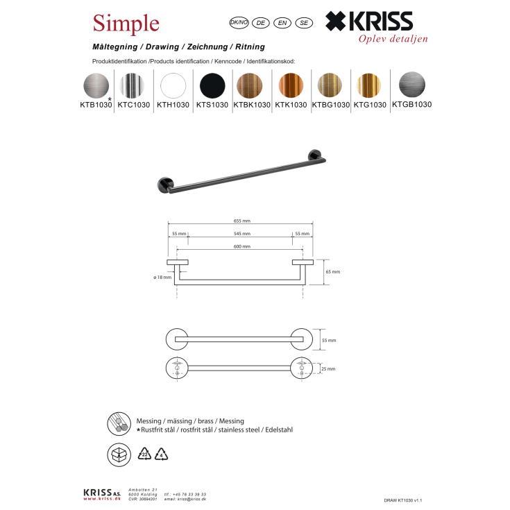 Kriss Simple håndklædestang, 60 cm, messing