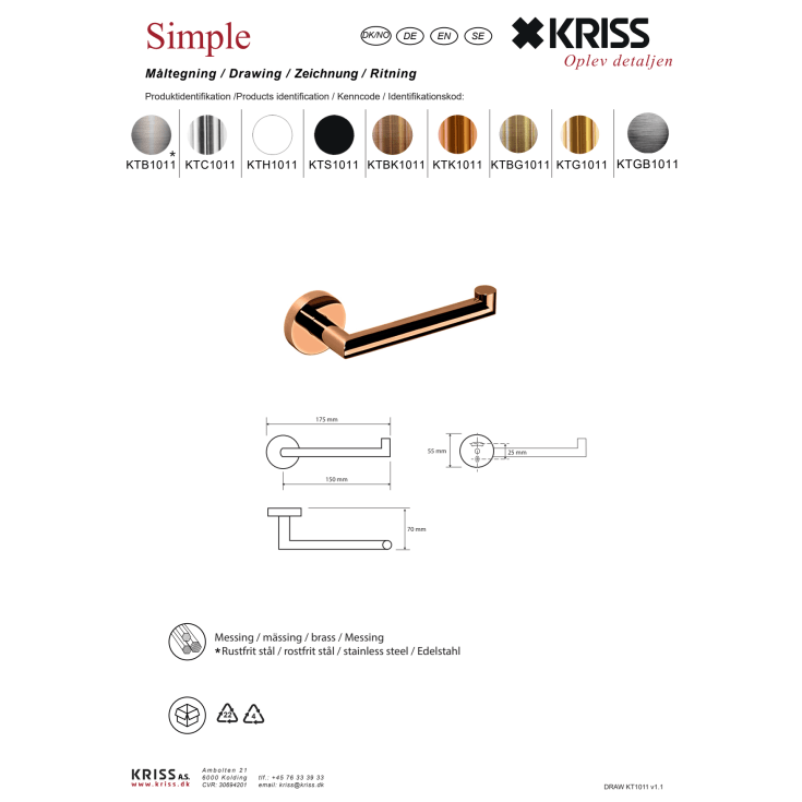 Kriss Simple toalettrullholder, messing
