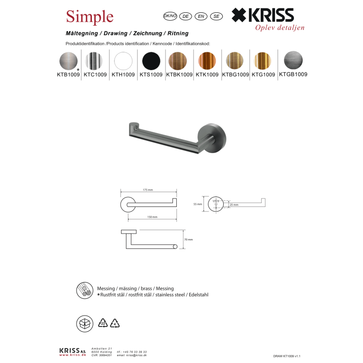 Kriss Simple toalettrullholder, messing