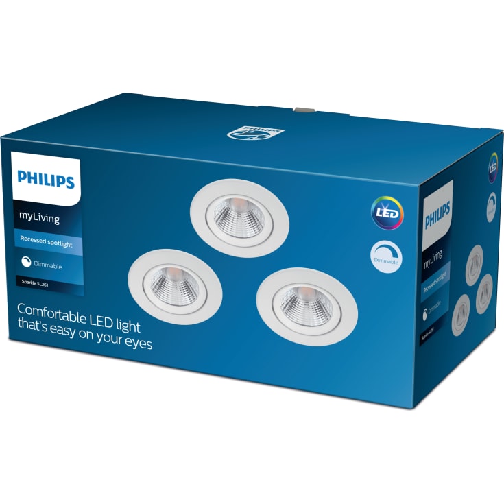 Philips myLiving Sparkle indbygningsspot, 2700K, 5,5W, hvid, 3-pak
