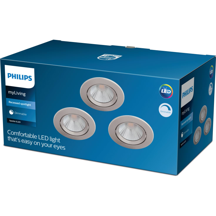 Philips myLiving Sparkle indbygningsspot, 2700K, 5,5W, krom, 3-pak