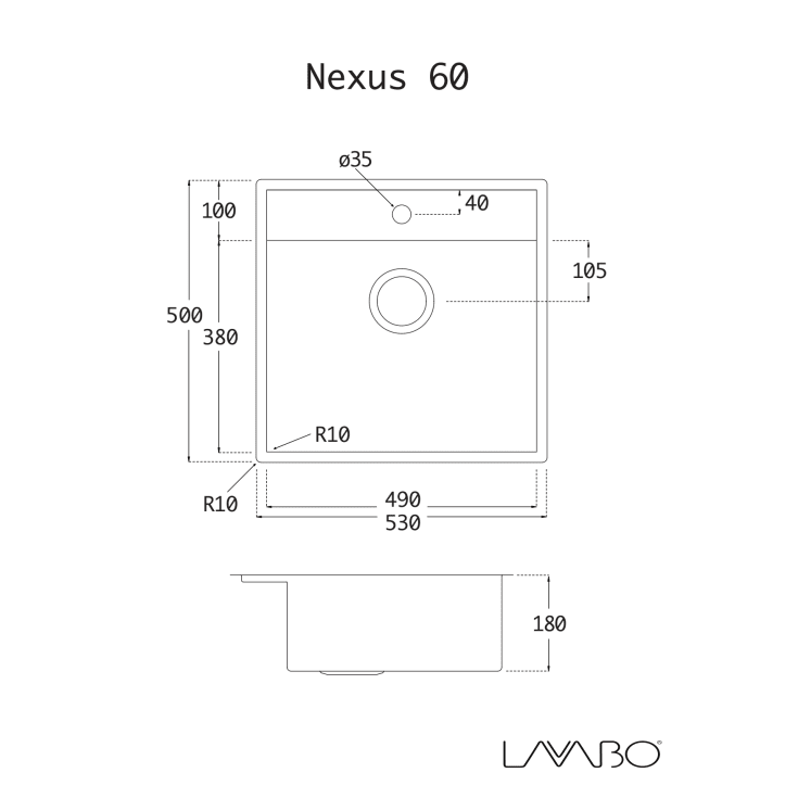 Lavabo Nexus 60 køkkenvask, 53x50 cm, rustfrit stål