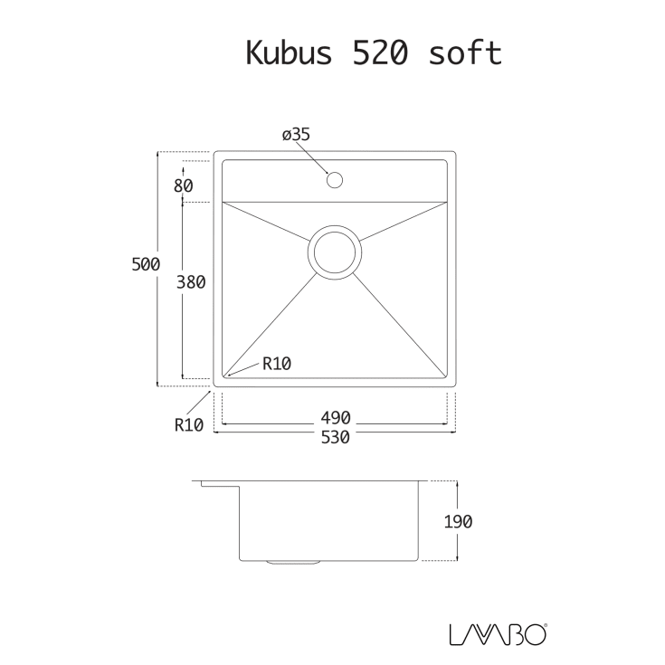 Lavabo Kubus 520 Soft diskbänk, 53x50 cm, rostfritt stål