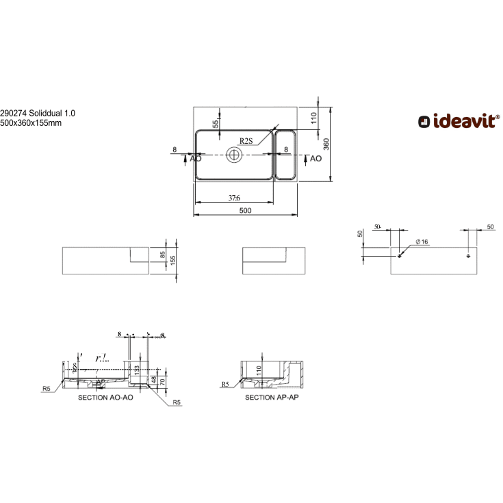 Ideavit SolidDual 1.0 håndvask, 50x36 cm, mat hvid