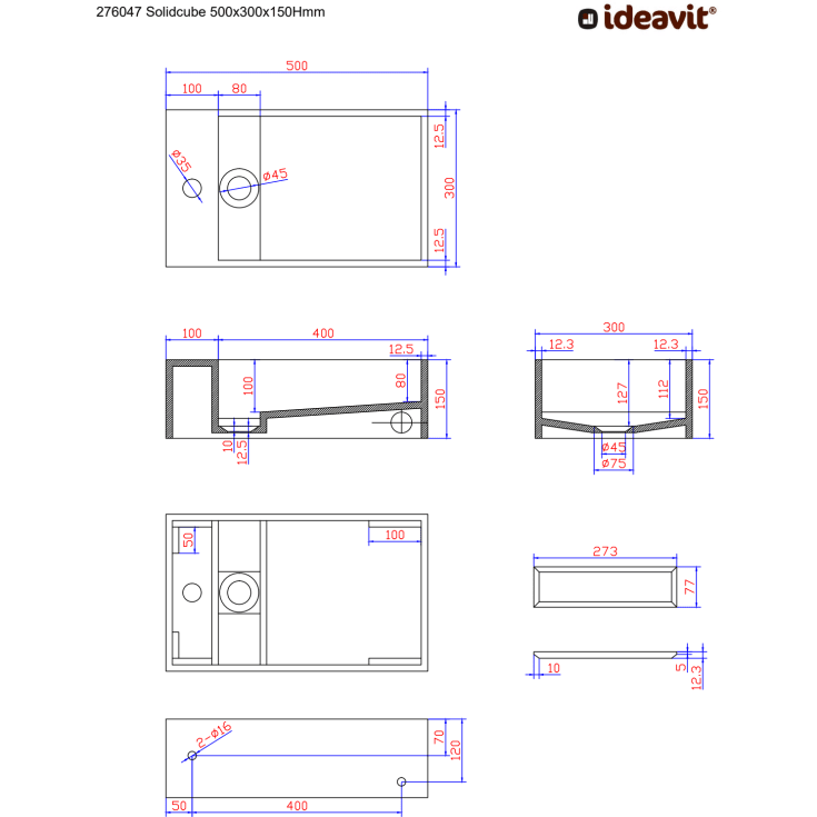 Ideavit SolidCube-50 håndvask, 50x30 cm, mat hvid