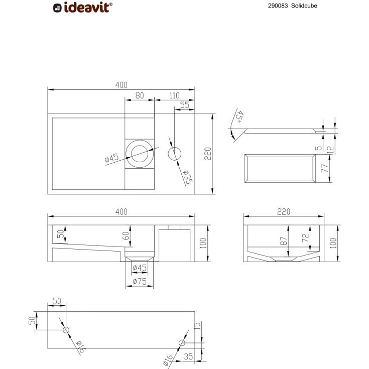 Ideavit SolidCube-40H håndvask, 40x22 cm, mat hvid