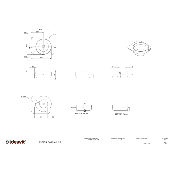 Ideavit SolidDual 2.0 håndvask, 49x43 cm, mat hvid