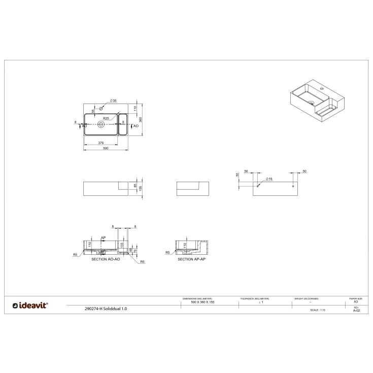 Ideavit SolidDual 1.0 håndvask, 50x36 cm, mat hvid