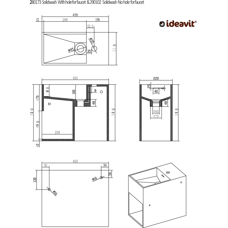 Ideavit SolidWash tvättställ, 45x22 cm, matt vit