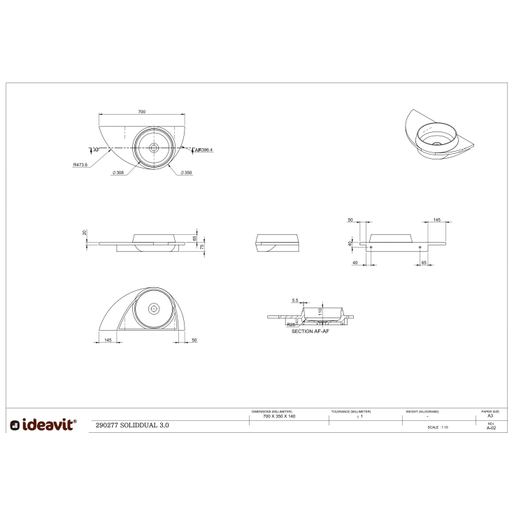 Ideavit SolidDual 3.0 håndvask, 70x35 cm, mat hvid